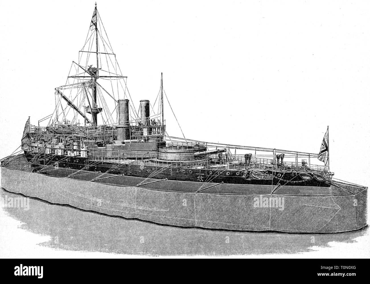 Transport / Transport, navigation, navire de guerre, cuirassé britannique HMS Victoria avec net torpille, gravure sur bois, vers 1895, Additional-Rights Clearance-Info-Not-Available- Banque D'Images