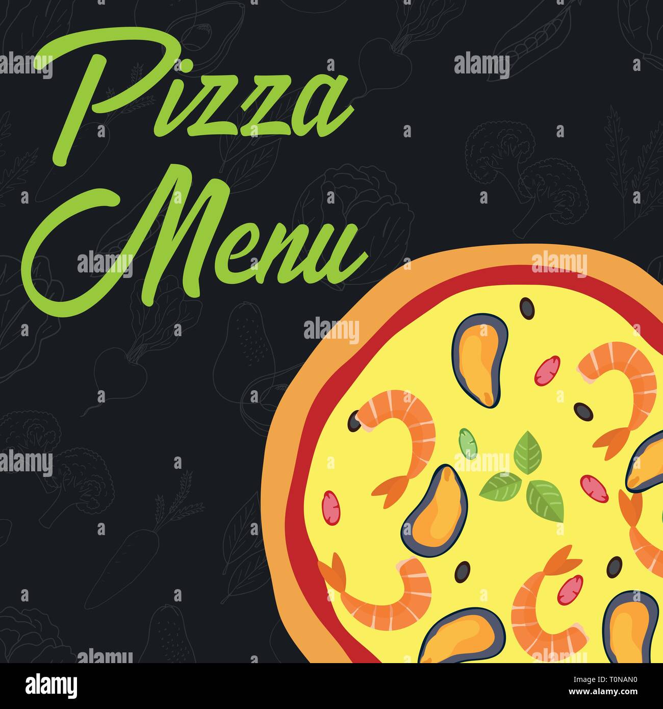 Concept Menu pour restaurant et café. Modèle de menu pizza. Télévision pizza style Illustration vecteur dessiné à la main avec des fruits et légumes frais Vector Illustrat Illustration de Vecteur