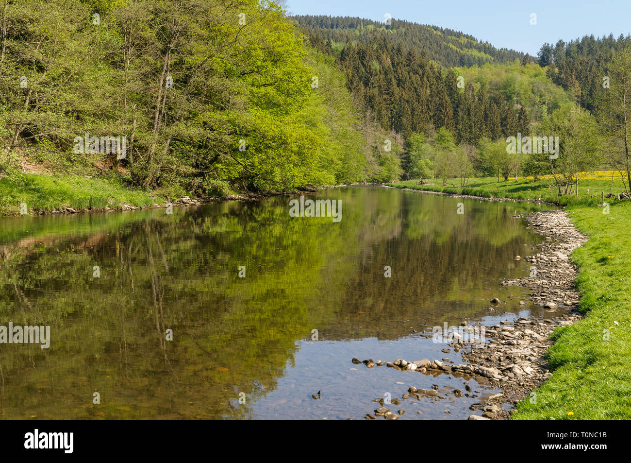 L'Ourthe près de Maboge, La Roche-en-Ardenne en Belgique sur une belle journée au début du printemps. Cette partie de la rivière a une petite plage et Banque D'Images