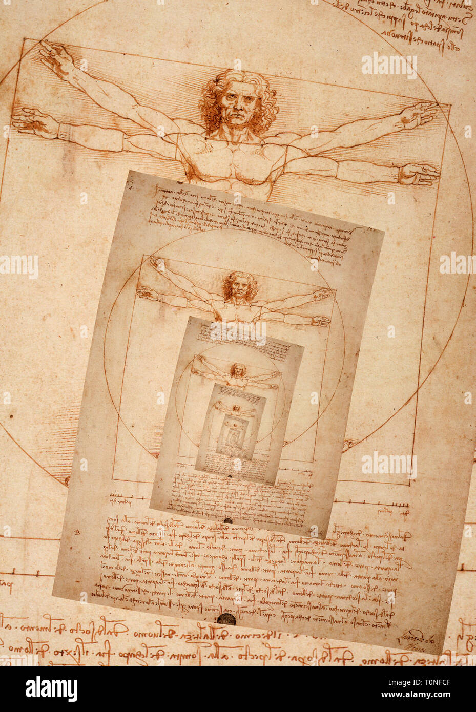 Effet de spirale avec le dessin de Léonard de Vinci homme de Vitruve canon de proportions Banque D'Images