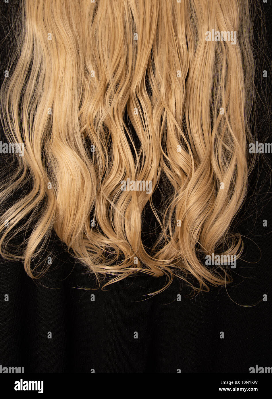 Blond acajou long cheveux bouclés de l'arrière, légèrement ondulées et  humide. Des extensions de cheveux coupe style et couleur dans un écoulement  pendant vers le bas. La beauté haute couture Photo Stock -