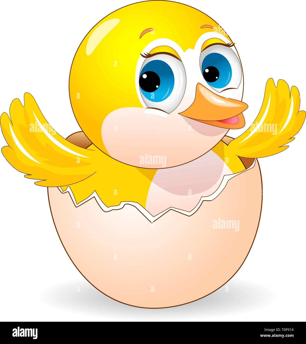 Petit poulet jaune sur fond blanc. Cartoon chick peeking out d'une coquille. Illustration de Vecteur