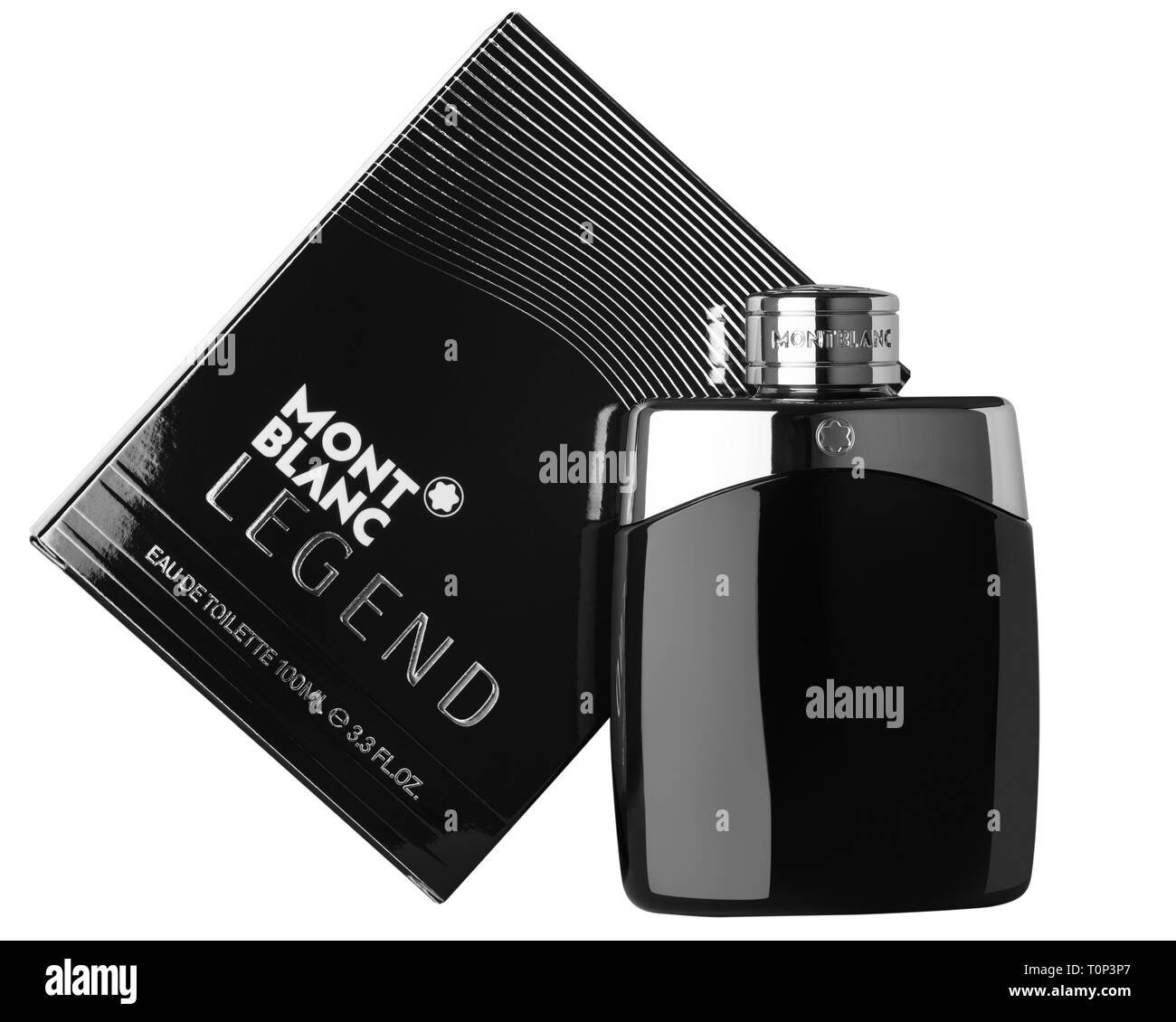 Mont Blanc Legend eau de toilette flacon de parfum et de détail présentation fort sur un arrière-plan uni, blanc. Image en noir et blanc. Banque D'Images