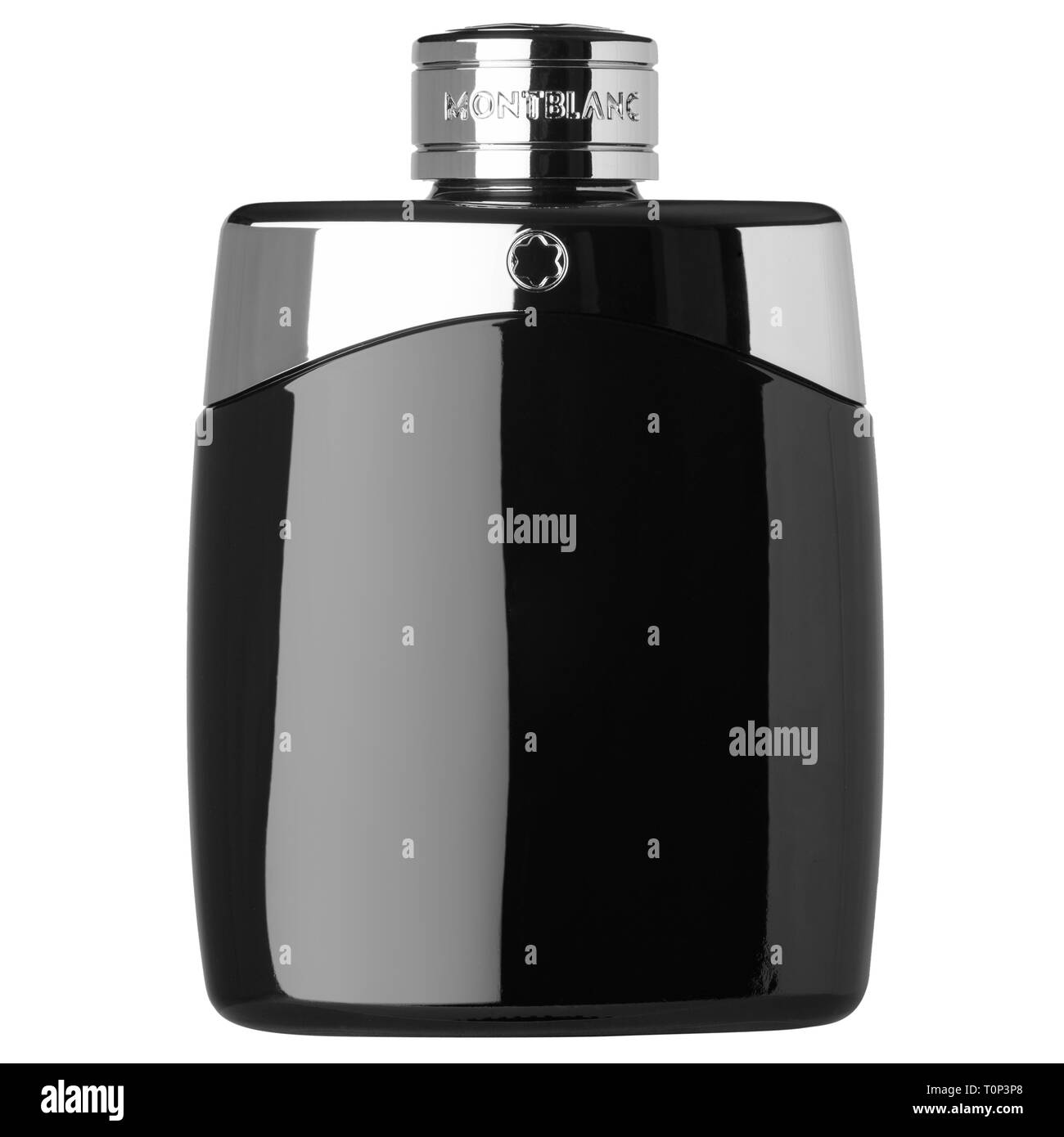 Mont Blanc Legend eau de toilette flacon de parfum sur un arrière-plan uni, blanc. Image en noir et blanc. Banque D'Images