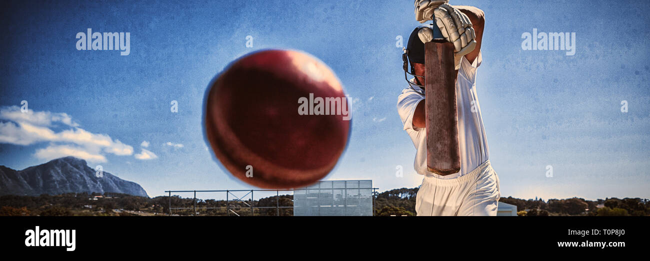 Toute la longueur de batteur à jouer au cricket sur pitch contre le ciel bleu Banque D'Images