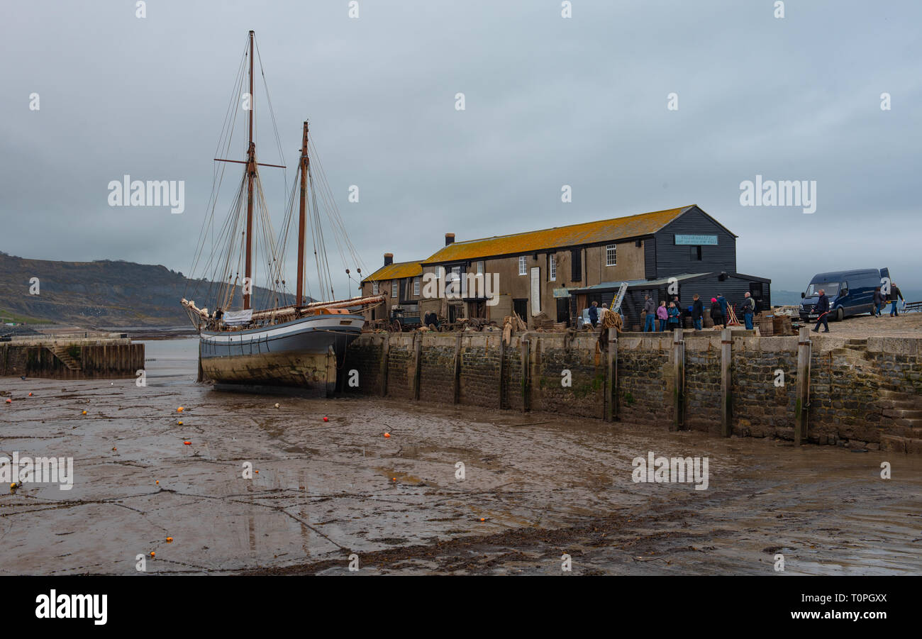 Lyme Regis, dans le Dorset, UK. 21 mars 2019. Navire à voile traditionnelle 1907 'Irene' amarré à Lyme Regis port comme le 100 pied ketch et le Cobb historique bâtiments sont transformés en un décor de cinéma en état de disponibilité pour continué le tournage de Ammonite avec Kate Winslet et Saoirse Ronan. Réalisé par Francis Lee, la fiction dramatique dépeint célèbre chasseur de fossiles que Mary Anning femme gay suscitant des débats entre les historiens et sur les médias sociaux. Le film est prévu d'apporter un coup de pouce pour le tourisme et l'économie locale. Credit : Celia McMahon/Alamy Live News Banque D'Images