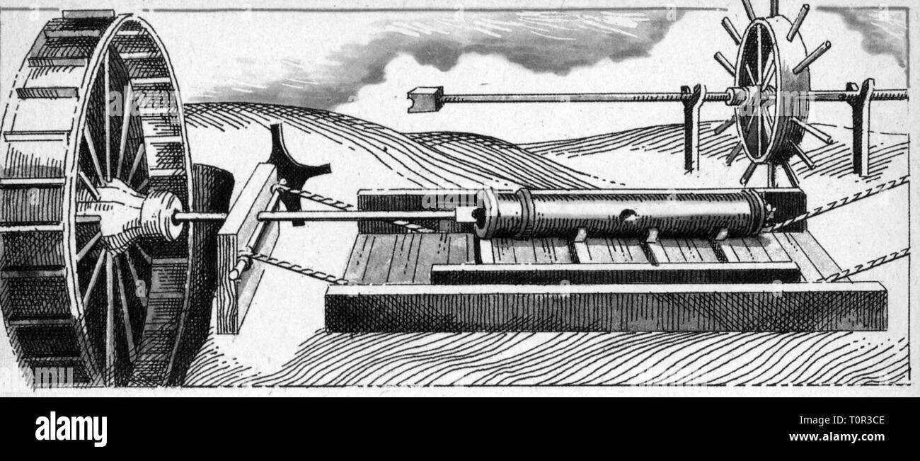 L'industrie, industrie de l'armement, machines, machine gun, entraîné par la puissance de l'eau, gravure sur cuivre, vers 1540, Additional-Rights Clearance-Info-Not-Available- Banque D'Images