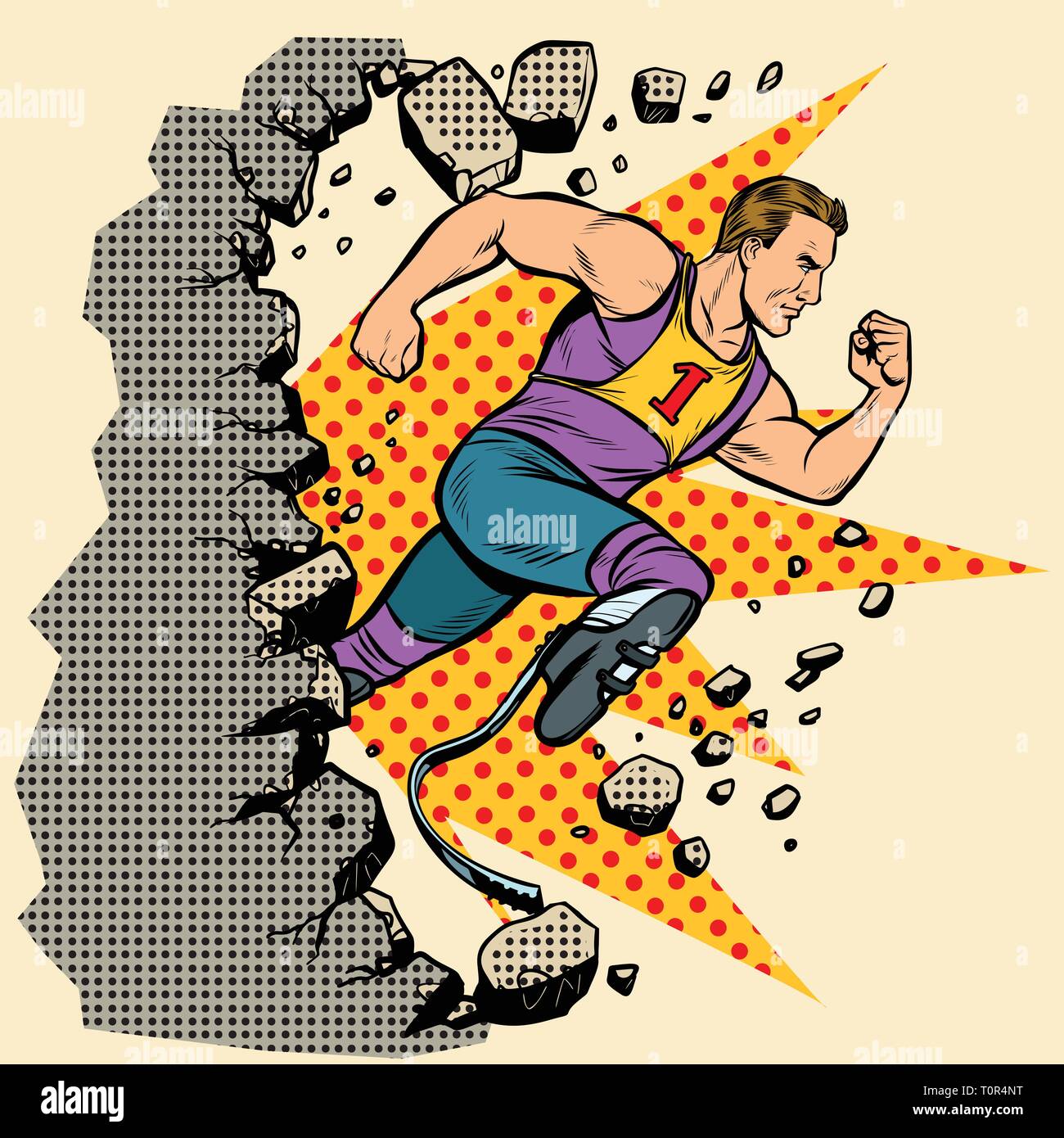 Brise le mur mobilité runner avec prothèses de jambe en marche avant. compétition sportive. Pop art retro kitsch vintage illustration vectorielle Illustration de Vecteur