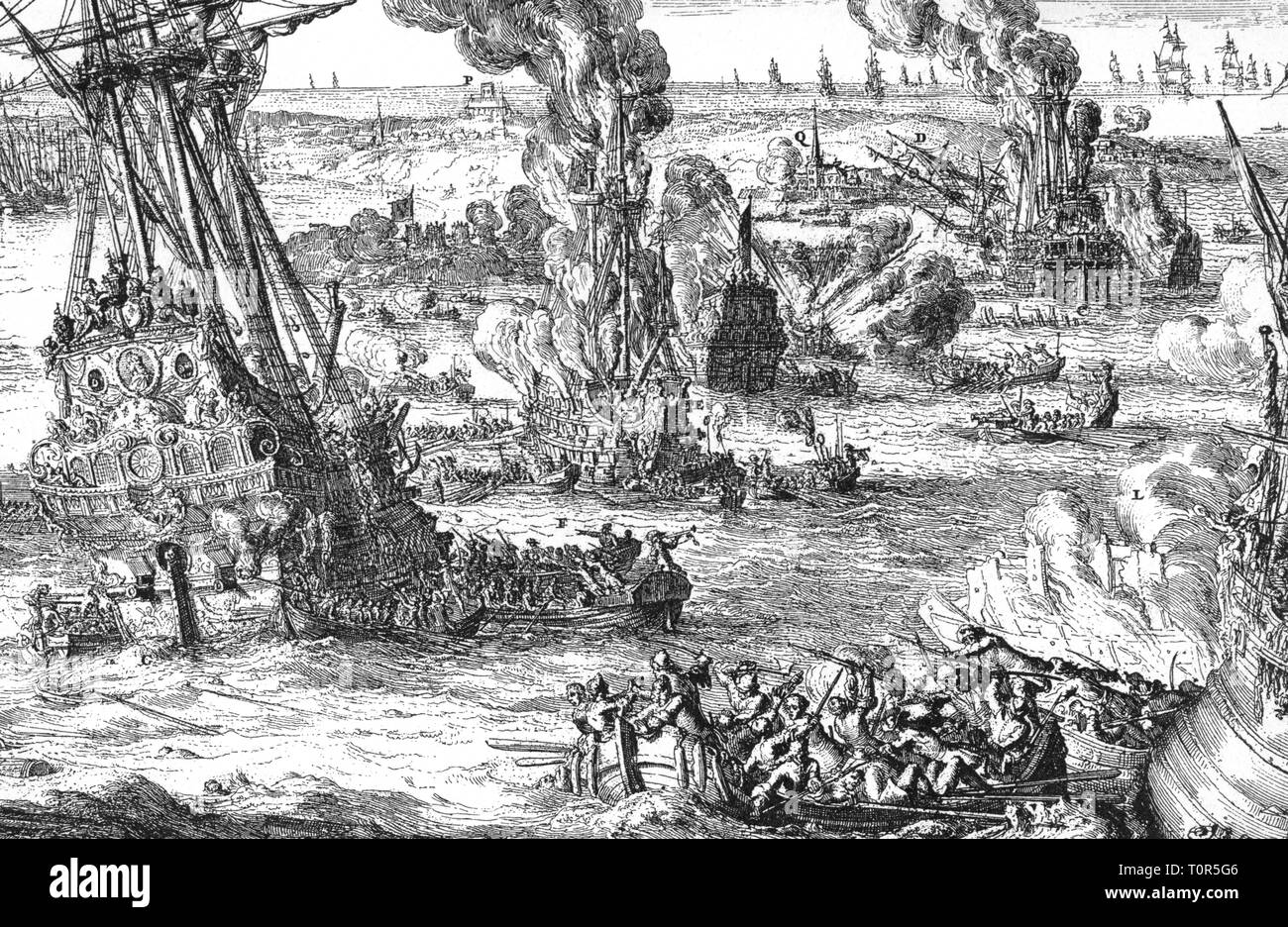 Neuf années de guerre 1688 - 1697, les batailles navales de Barfleur et de  la Hougue, 29.5. - 4.6.1692, de détruire la flotte française contemporaine,  gravure sur cuivre par Romeyn de Hooghe,