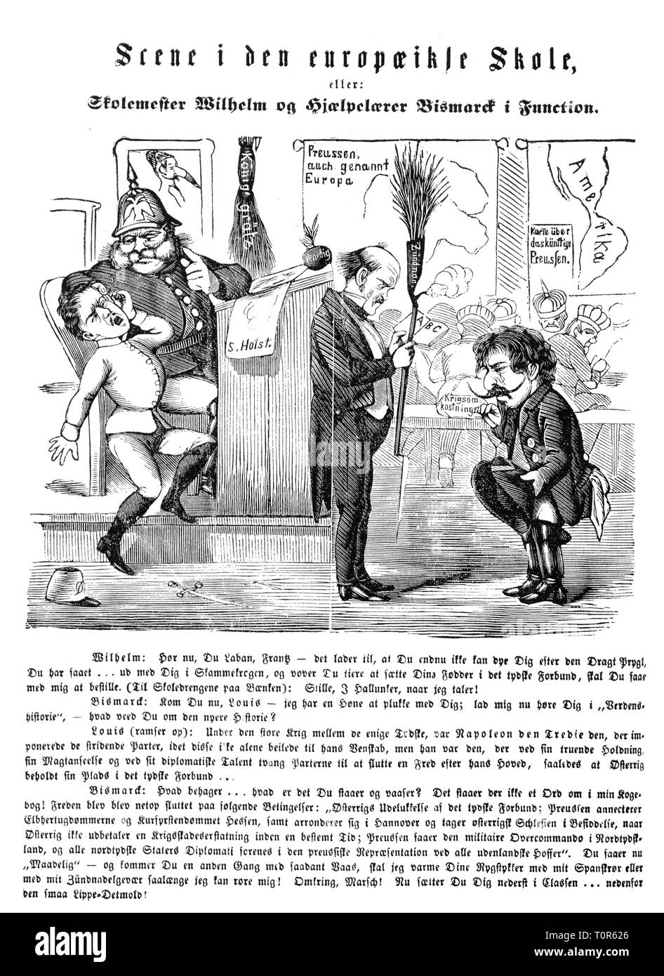 Guerre austro-1866, caricature, 'Scène de l'école européenne, ou maître William et suppléance Bismarck au travail', dessin, 'Folkets Inasti', Copenhague, 28.7.1866, la satire, la caricature, caricatures, cartoon, dessins animés, presse danoise, le Danemark, la politique, la politique, les gens, les hommes, homme, homme, viril, le roi Guillaume Ier de Prusse, Premier ministre Otto von Bismarck, l'empereur François-Joseph I d'Autriche, l'empereur Napoléon III, la France, l'Europe, enseignant, élève, étudiant, enseignants, élèves, étudiants, punir, punir, peine capitale, les punitions, 19e siècle, Additional-Rights Clearance-Info-h,-Not-Available Banque D'Images