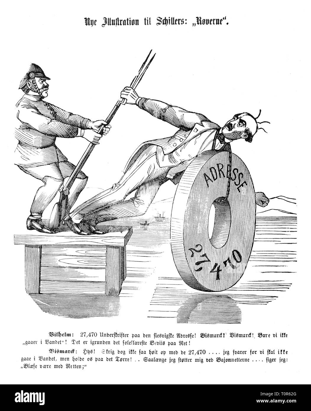 La politique, les conflits de minorités en Prusse, la caricature, la pétition, les citoyens du nord de Schleswig comme meule autour du cou de premier ministre Otto von Bismarck, 'nouvelle illustration de Schiller, les brigands', dessin, 'Folkets Inasti', Copenhague, 30.10.1869, Additional-Rights Clearance-Info-Not-Available- Banque D'Images