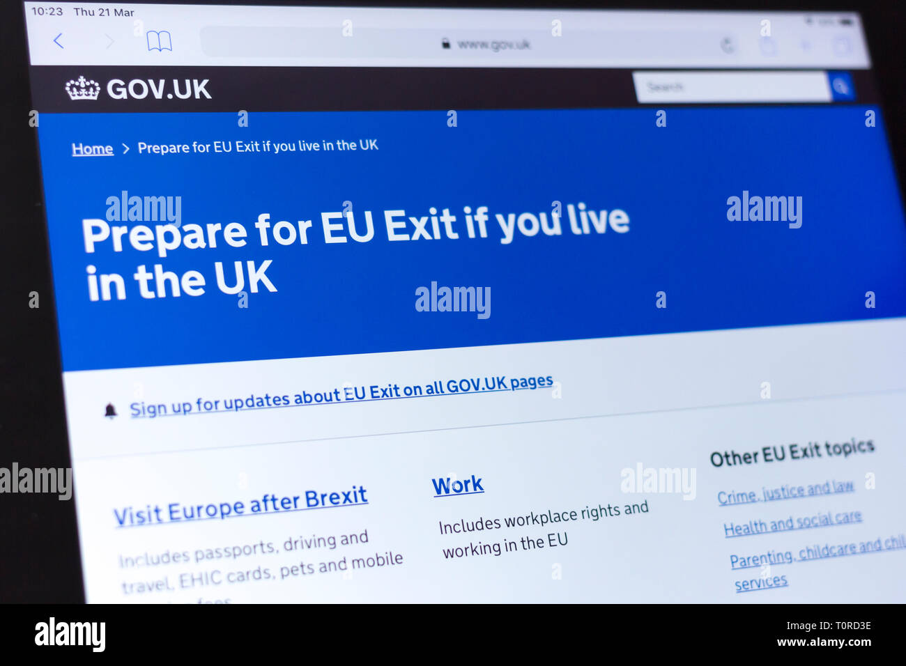 Site web du gouvernement britannique des conseils pour se préparer à quitter l'UE Banque D'Images