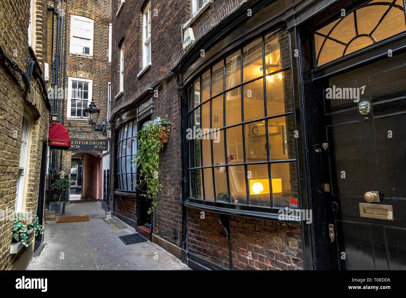 Bow fronted maisons dans Goodwin's court, une ruelle étroite qui relie St. Martin's Lane et Bedfordbury dans le West End de Londres, Londres, Royaume-Uni Banque D'Images