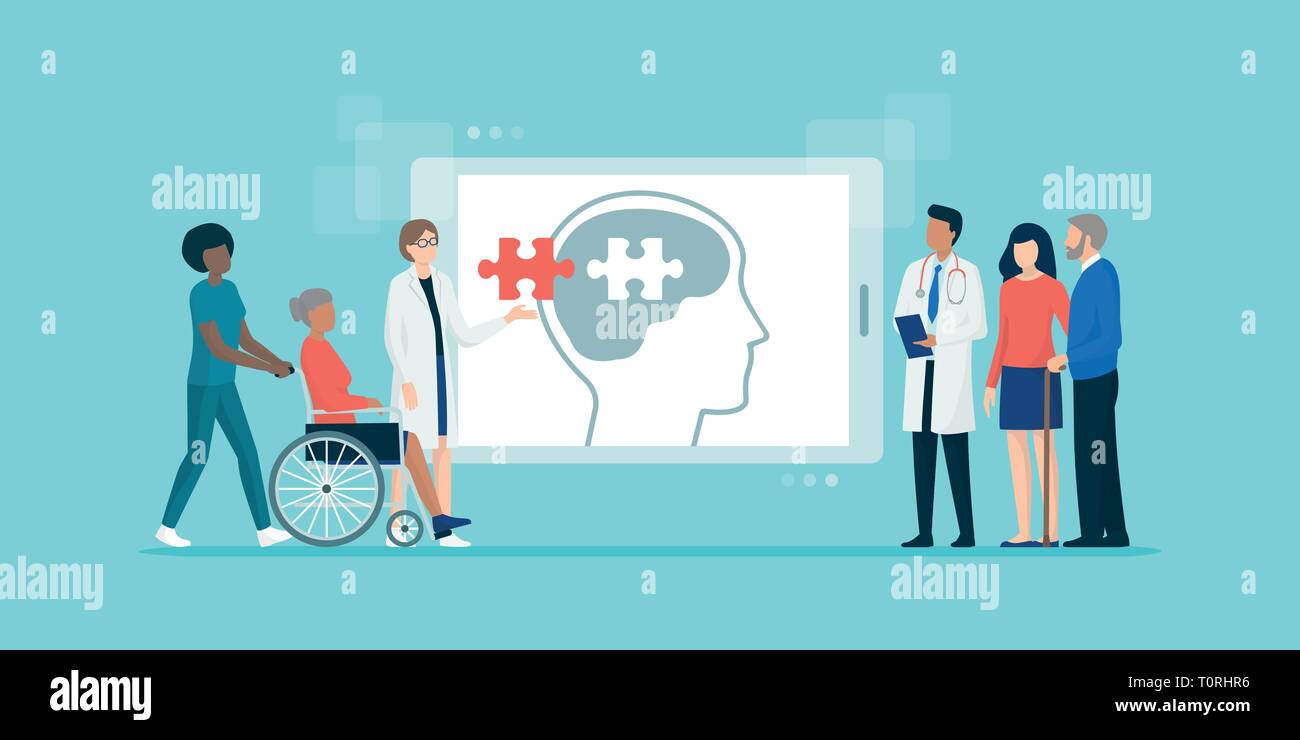 L'équipe médicale professionnelle aidant les patiens souffrant de la maladie d'Alzheimer, les soins aux personnes âgées et l'aide concept Illustration de Vecteur L'équipe médicale professionnelle aidant les patiens souffrant de la maladie d'Alzheimer, les soins aux personnes âgées et l'aide concept Illustration de Vecteur