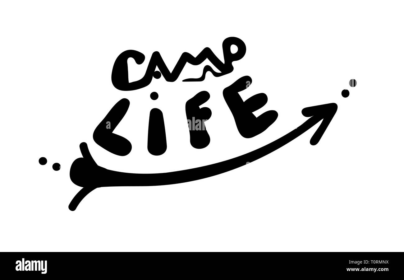 La vie du camp. Mot avec tente et flèche dans un style simple à la main. Inscription du vecteur. Cute inscription sur un fond blanc. tourisme devis pour sti voiture Illustration de Vecteur