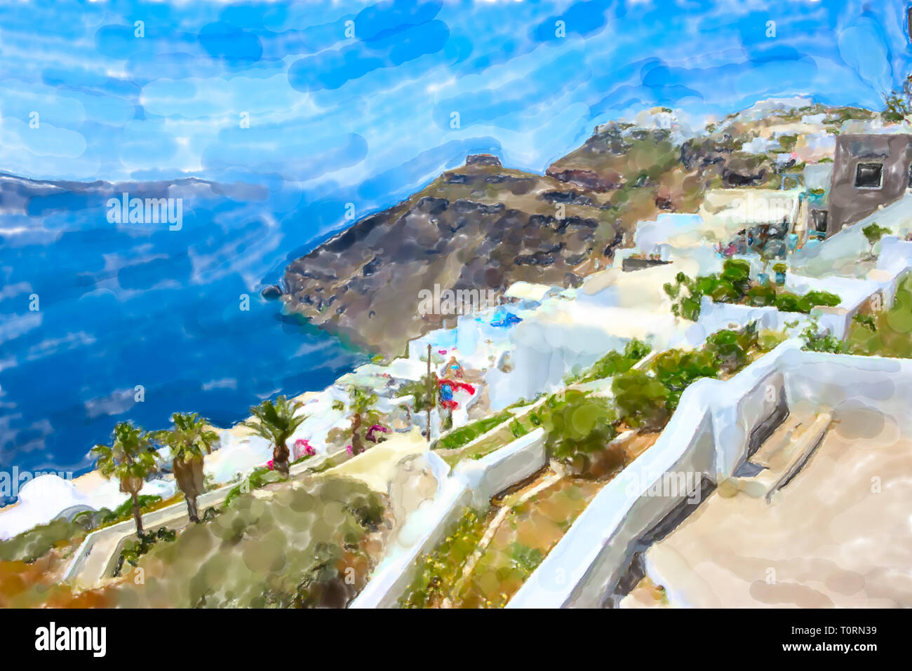 Illustration à l'aquarelle de l'île grecque de Santorin Fira Town et la caldeira sea scape. Banque D'Images