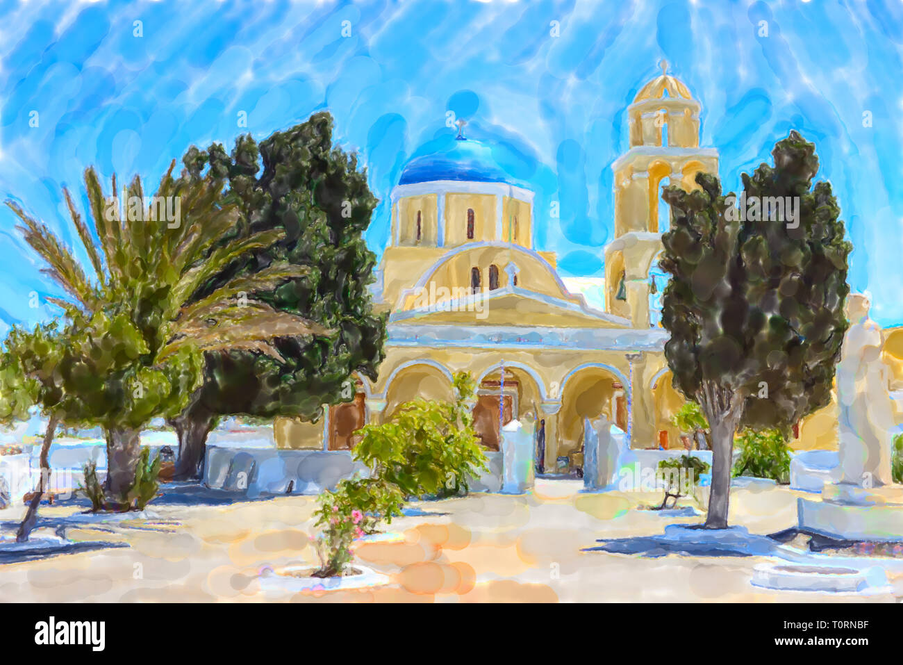 Illustration à l'aquarelle de l'île grecque de Santorin les noms i bis. L'église Saint George jaune Banque D'Images