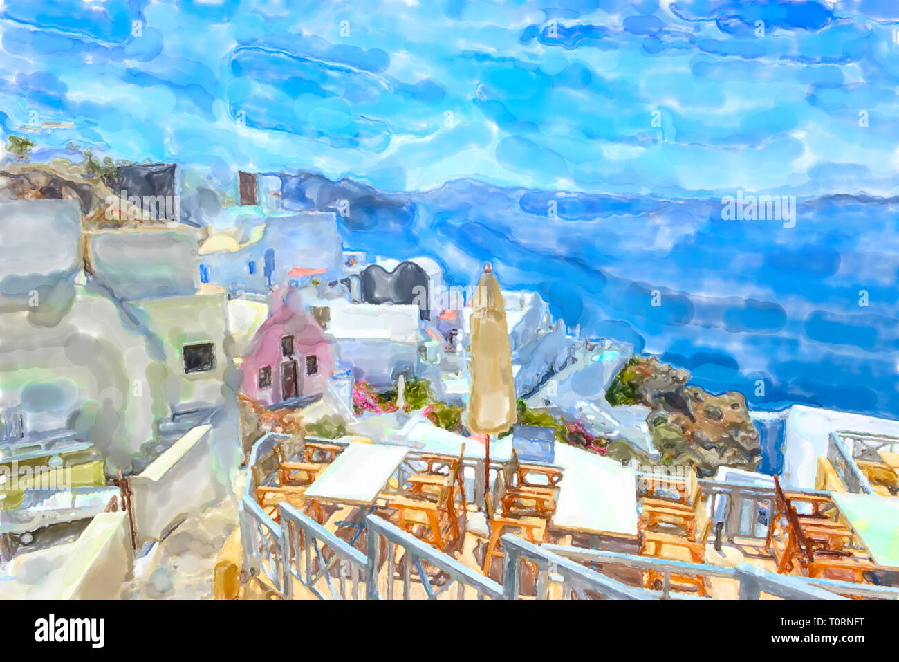 Illustration à l'aquarelle de l'île grecque de Santorin les noms i bis vue sur Caldera et maisons traditionnelles. Banque D'Images