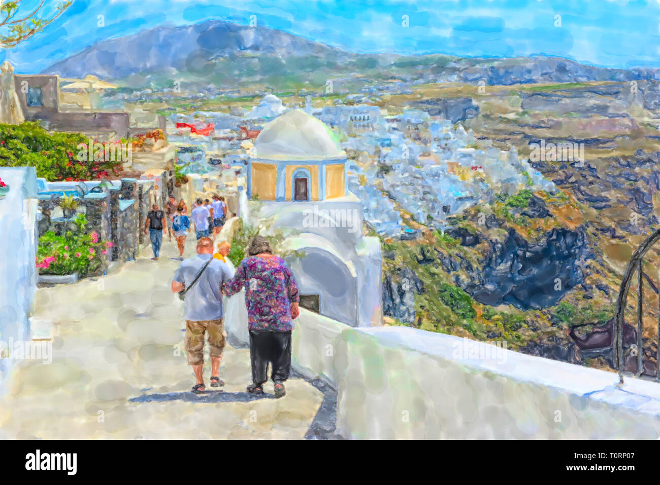 Illustration à l'aquarelle de l'île grecque de Santorin Fira Town. Les gens qui marchent à travers le paysage urbain. Banque D'Images