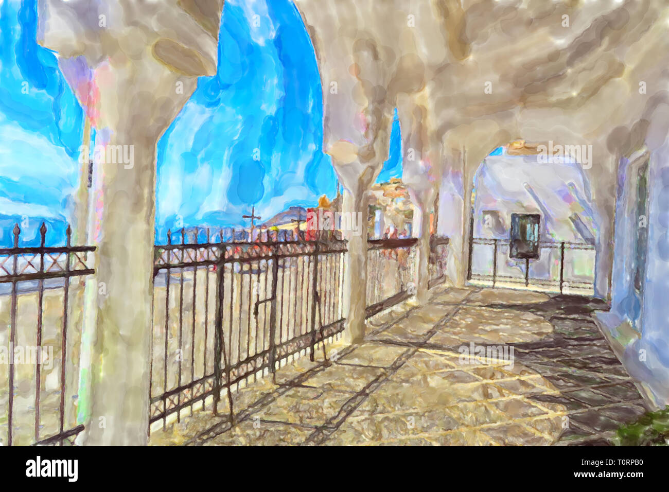 Illustration à l'aquarelle de l'île grecque de Santorin Fira Town. Grillage de Cathédrale Orthodoxe métropolitaine. Banque D'Images