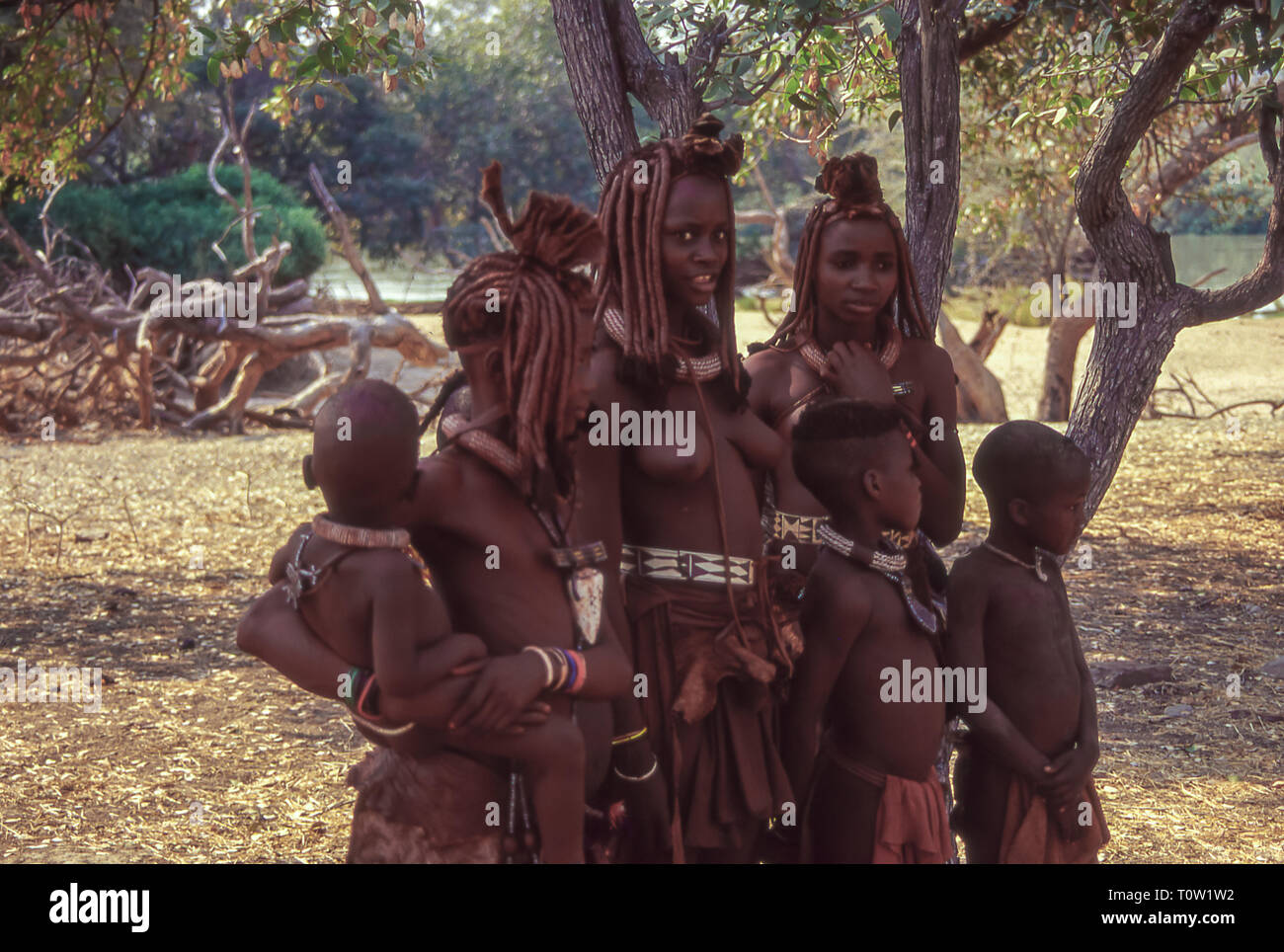 Groupe de jeunes femmes et d'enfants de l'ethnie Himba près de l'Epupa Falls sur la rivière Kunene en Namibie, frontière avec l'Angola Banque D'Images