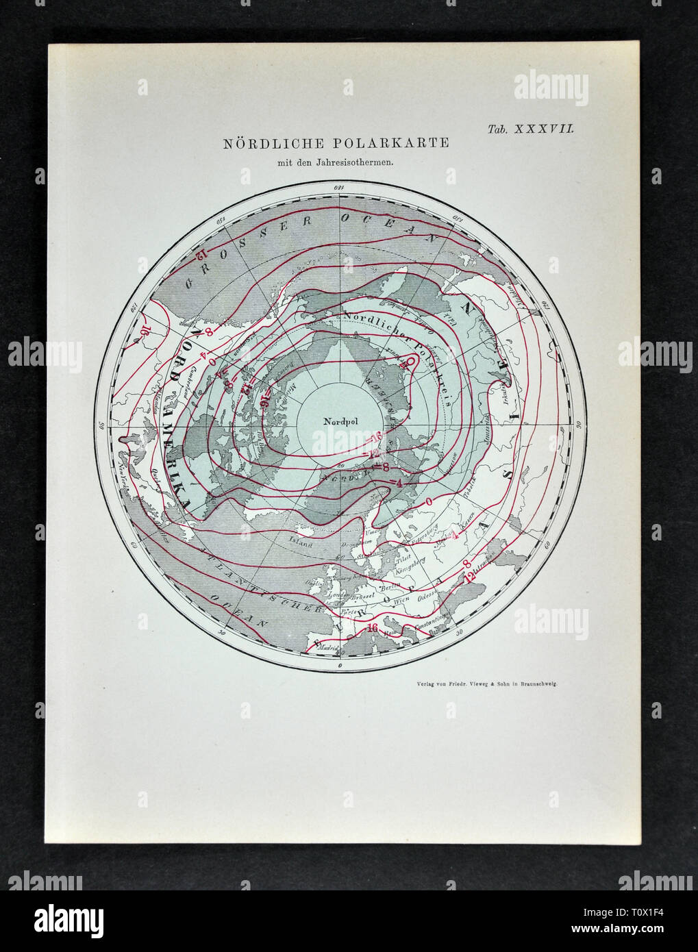 1894 Muller Météo Carte du pôle Sud de l'Arctique montrant la moyenne annuelle des températures isothermes Banque D'Images