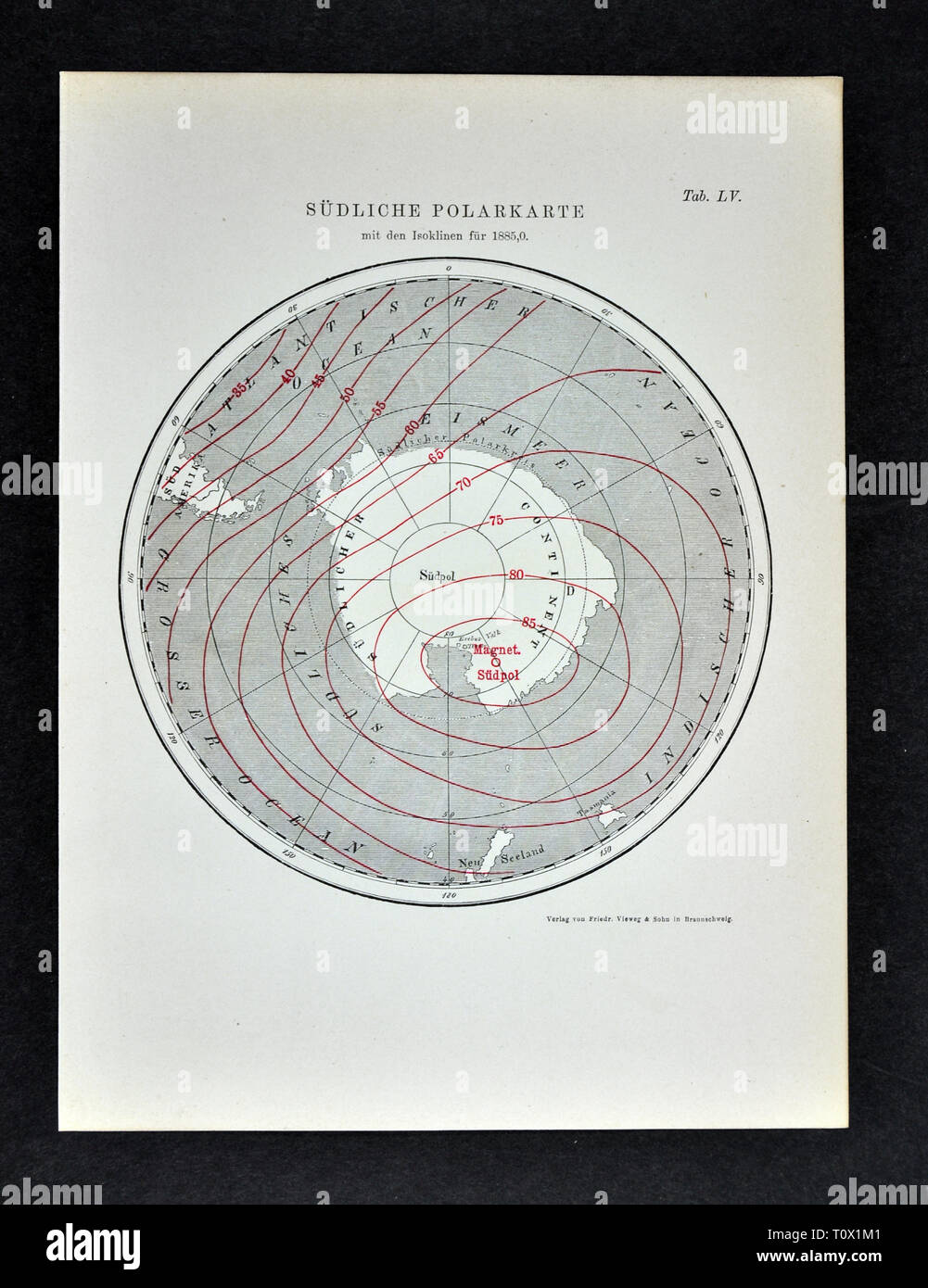 1894 Muller Météo Carte de l'Antarctique au pôle Sud magnétique Lignes Isoclinic montrant la Banque D'Images