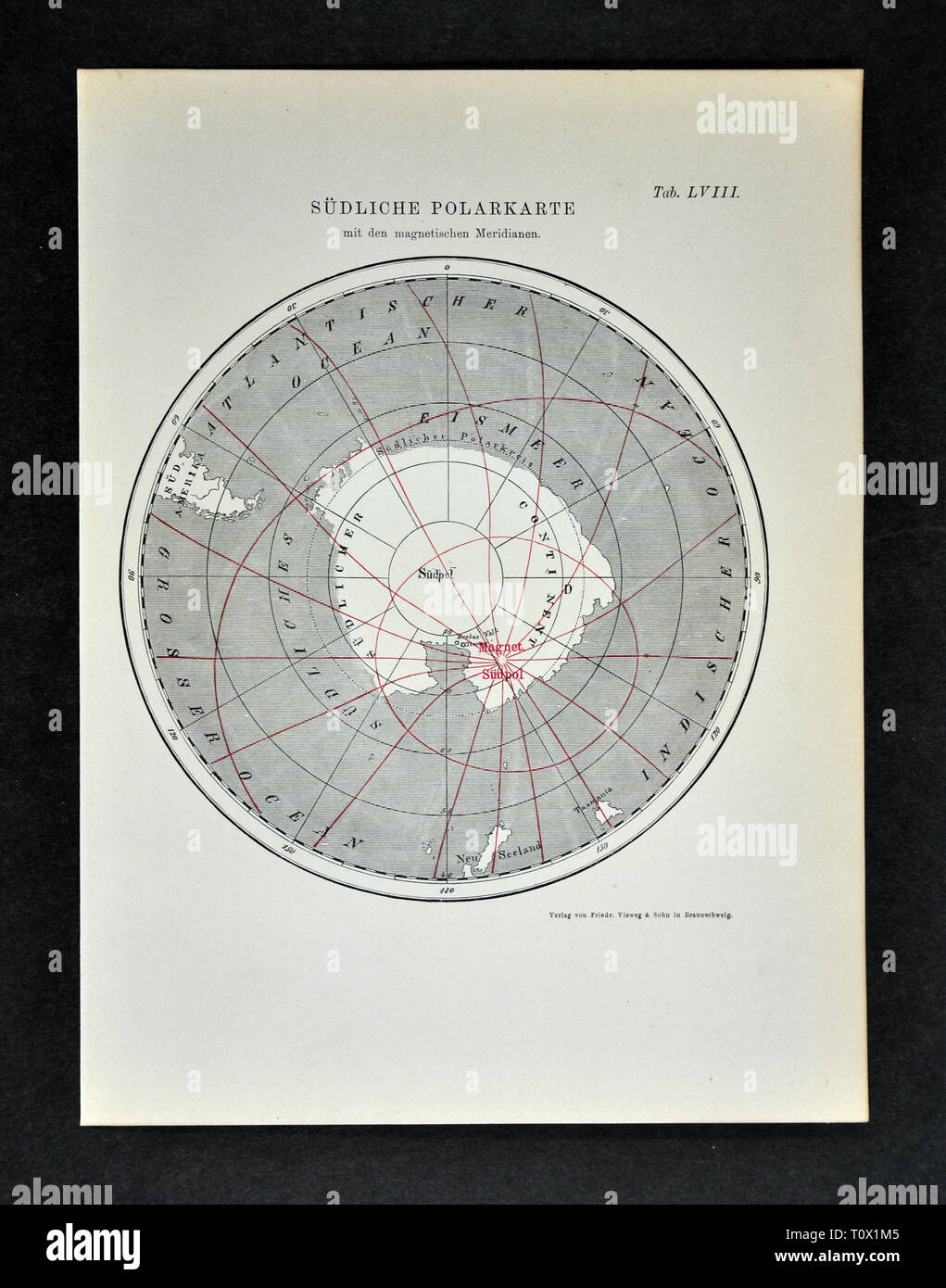 1894 Muller Plan de l'Antarctique montrant le Pôle Sud méridiens magnétiques Banque D'Images