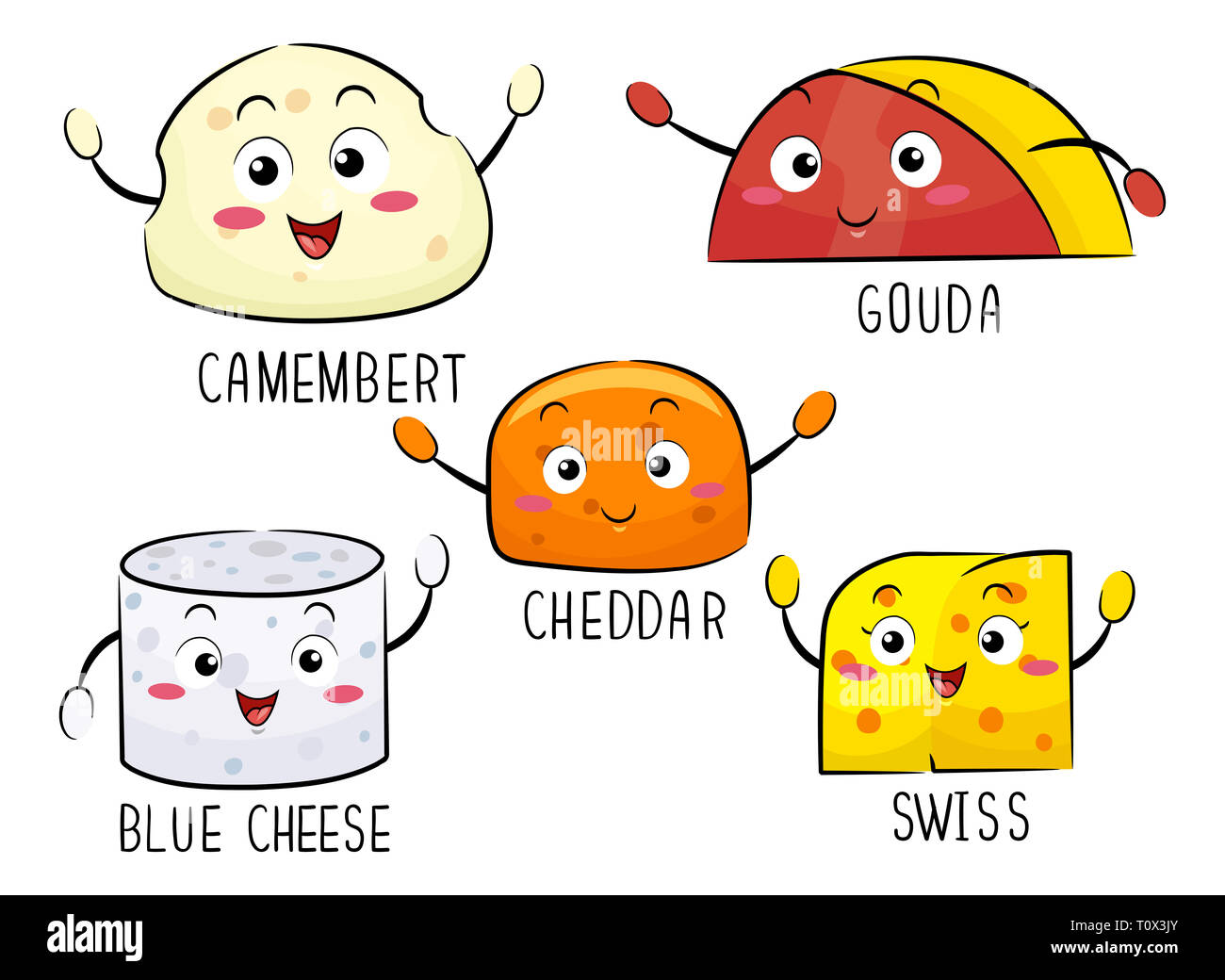 Illustration des différents types de fromage Mascot de Camembert, Gouda, Cheddar, Suisse et bleu Banque D'Images