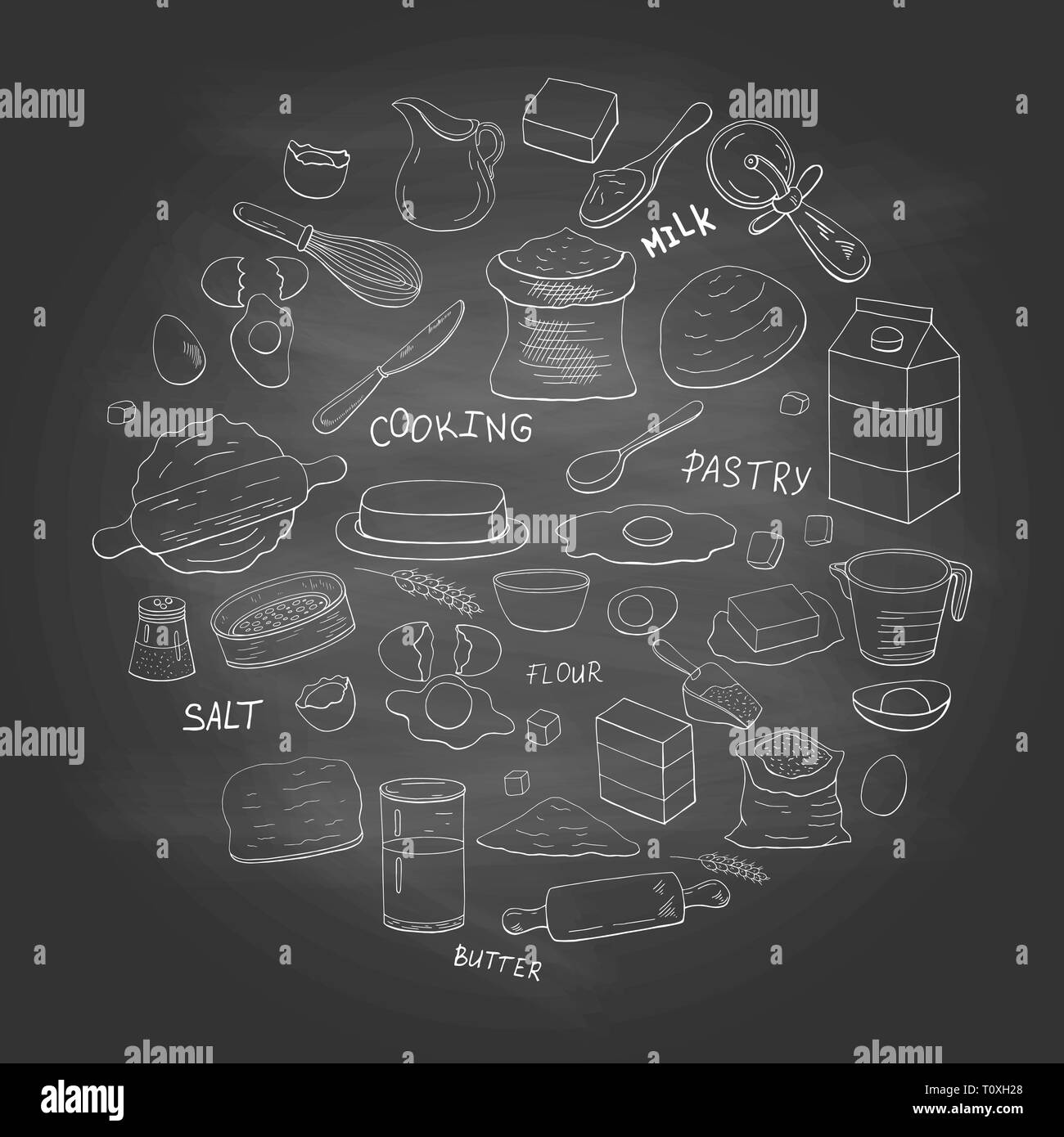 Différents articles et Vintage pâte accessoires de cuisine en forme du cercle on chalkboard Illustration de Vecteur