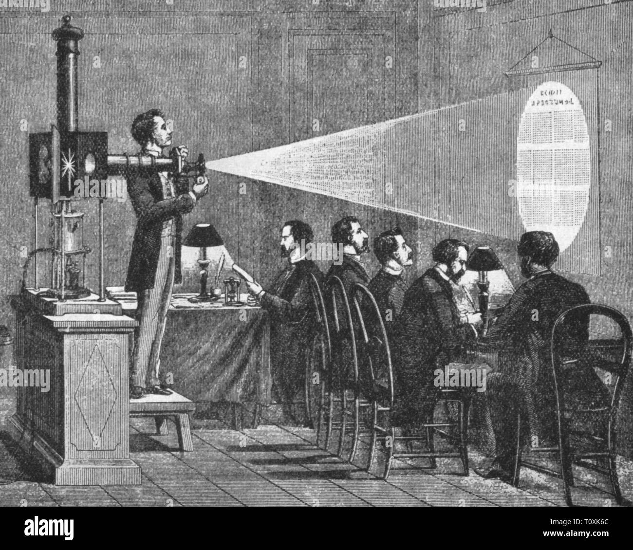 Guerre franco-prussienne 1870 - 1871, siège de Paris, 19.9.1870 - 28.1.1871, le déchiffrement de news dans microprint avec l'aide du projecteur de Louis Jules Dubosy, gravure sur bois, 19e siècle, Franco - guerre prussien, mail, courrier, d'intelligence, de la communication, les communications, les télécommunications, les gens, greffier, commis, script, scripts, mur, murs, lanterne magique, la lumière, l'éclairage, l'optique, la France, Troisième République, l'expédition, l'expédition, les dépêches, les dépêches, actualités, siège, les sièges, projecteur, projecteurs, historique, historique, Additional-Rights Clearance-Info-Not-Available- Banque D'Images