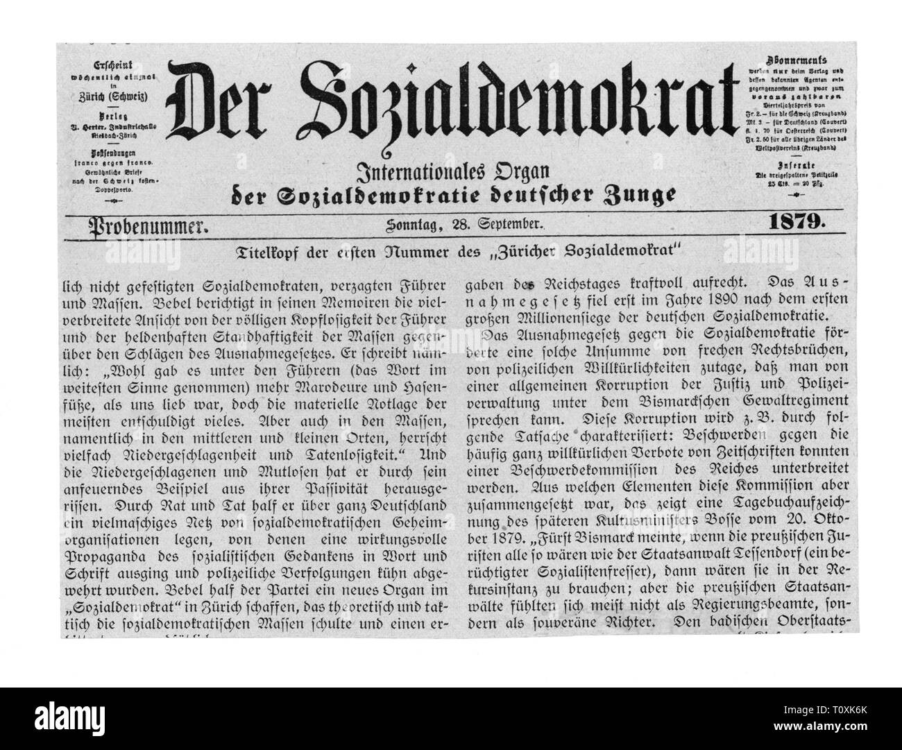 Presse/médias, magazines, "Der Sozialdemokrat' (Le social-démocrate), front page, éditeur : Paul Singer (1844 - 1911), le numéro de l'échantillon, Zurich, 28.9.1879, l'artiste n'a pas d'auteur pour être effacé Banque D'Images