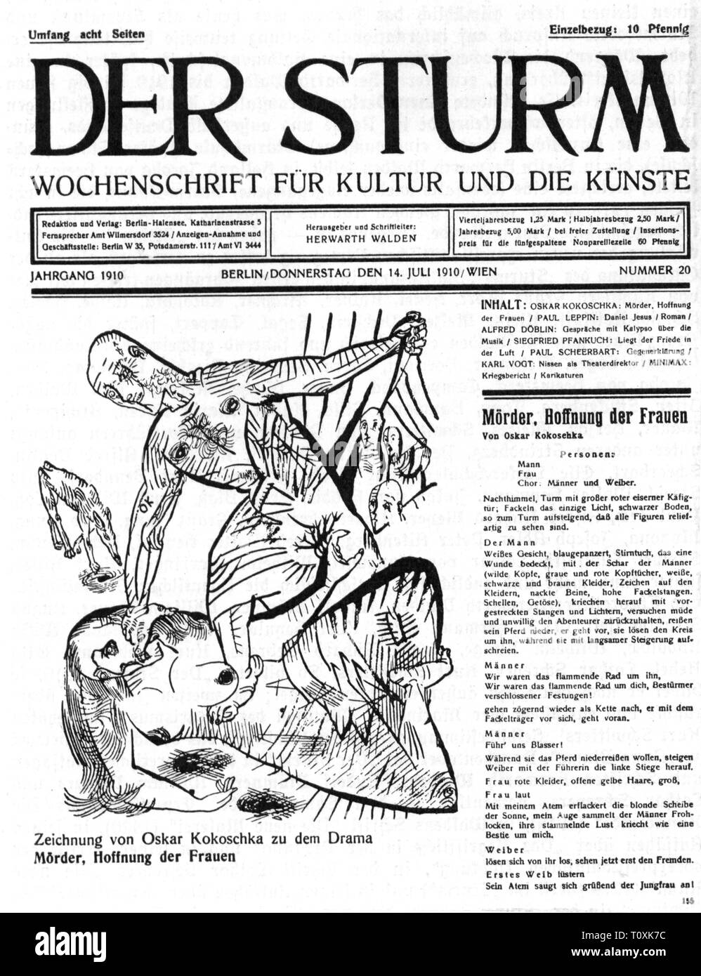 Presse/médias, magazines, 'Der Sturm' (La tempête), front page, éditeur : Herwarth Walden (1878 - 1941), illustration par Oskar Kokoschka pour le drame 'Moerder, Hoffnung der Frauen", numéro 20, Berlin, 14.7.1910, Additional-Rights Clearance-Info-Not-Available- Banque D'Images