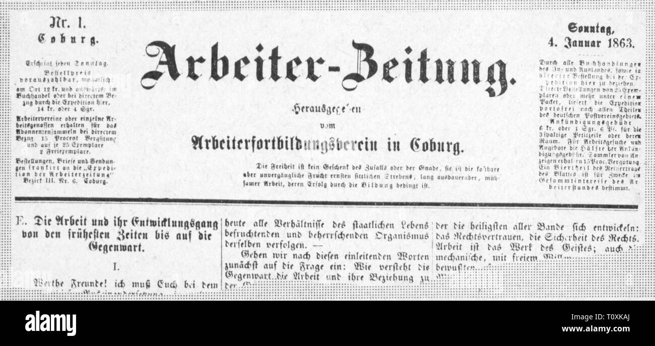 Presse/médias, magazines, "Arbeiterzeitung" (Journal des travailleurs), front page, numéro 1, Cobourg, 4.1.1863, Additional-Rights Clearance-Info-Not-Available- Banque D'Images
