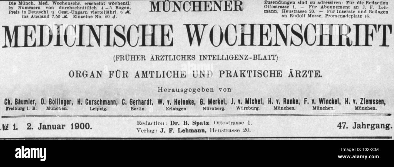 Presse/médias, magazines, "uenchener Medicinische Wochenschrift' (Munich) Hebdomadaire Médical, front page, 47e volume, numéro 1, Munich, 2.1.1900, Additional-Rights Clearance-Info-Not-Available- Banque D'Images