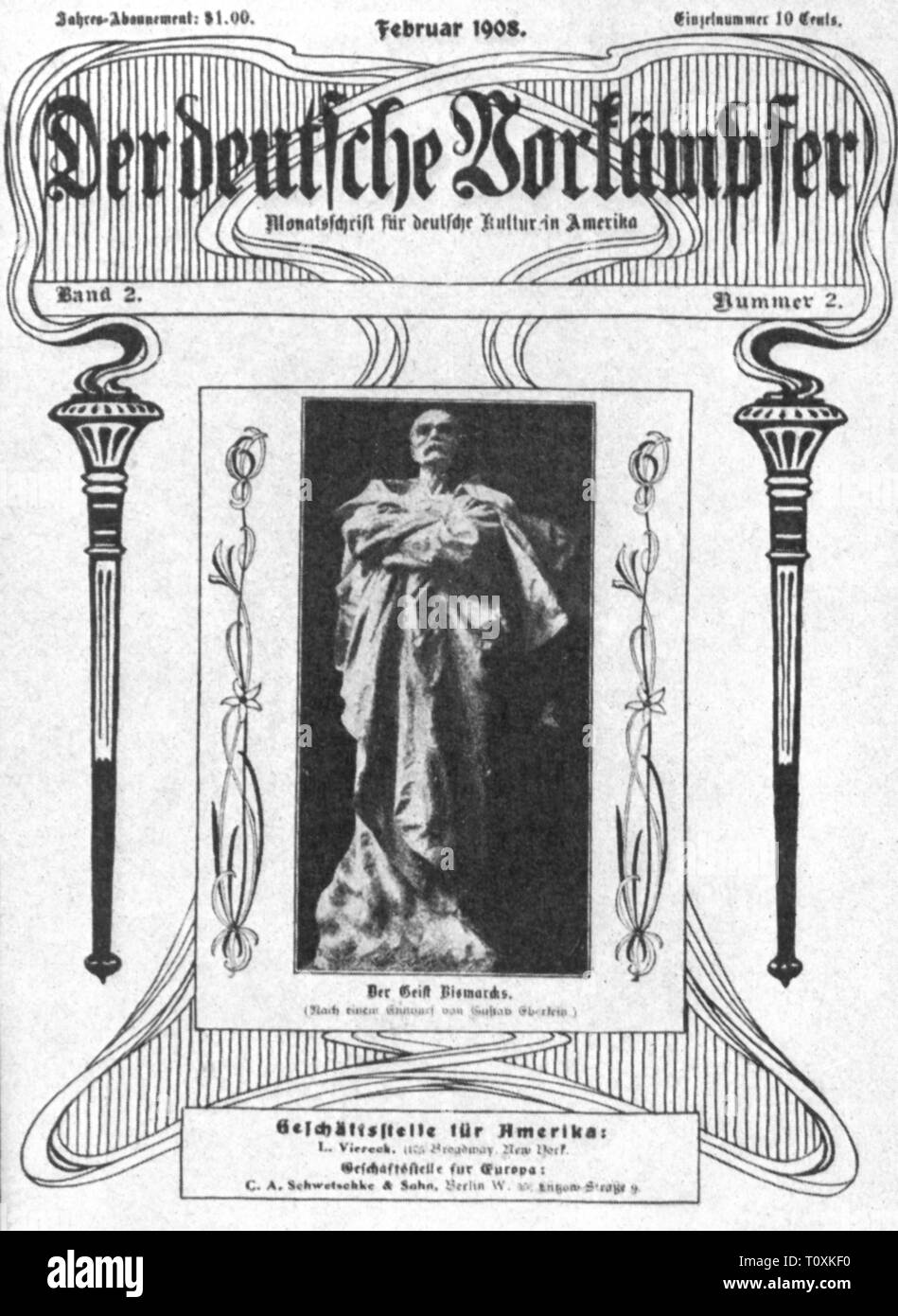 Presse/médias, magazines, 'Der deutsche Vorkaempfer' (le pionnier allemand), front page, éditeur : Louis Viereck (1851 - 1922), volume 2, numéro 2, février 1908 New York, USA, United States of America, graphique, graphiques, titres, titres, impressum, script, scripts, type allemand, la culture, les cultures, revue culturelle, typo, typographie, polices, polices, type, types, police, torche, flambeau, torches, flambeaus, Otto von Bismarck, Art Nouveau, Art Nouveau, 20e siècle, années 1900, presse, presses, editor, éditeurs, volume, volume, numéro, chiffres, historique, historique, Additional-Rights Clearance-Info-Not-Available- Banque D'Images