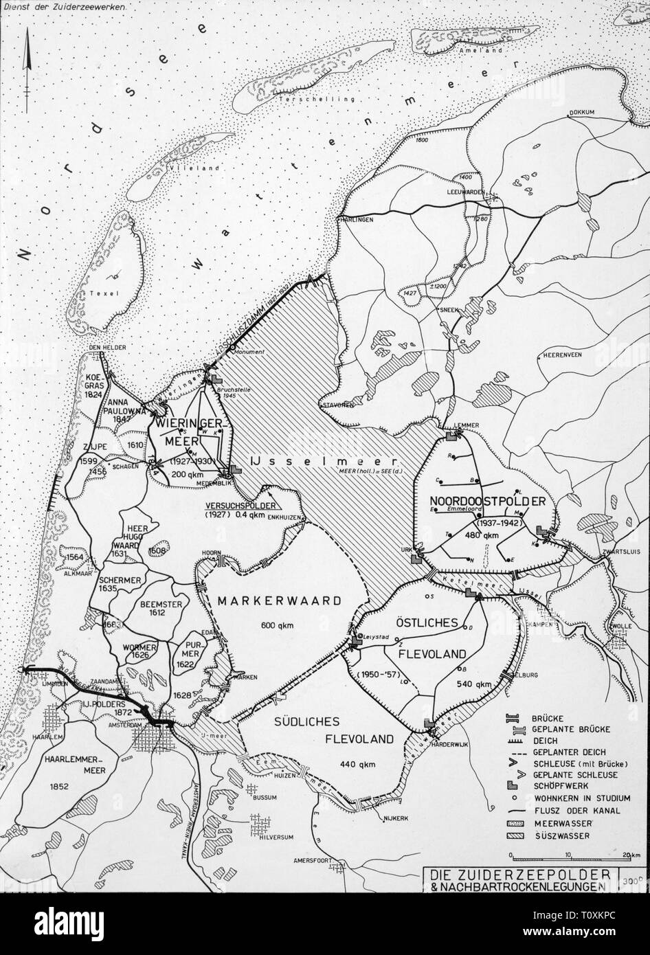 Géographie / voyage, Pays-Bas, paysages, Zuiderzee de fermeture et de digues de polders nouvellement gagné ou prévu, la carte, 1950 Additional-Rights Clearance-Info-Not-Available- Banque D'Images