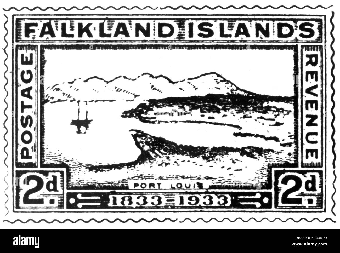 La poste, timbres, Îles Falkland, Shilling 2 timbre et le timbre fiscal, à l'occasion du 100e anniversaire en tant que colonie de la couronne, la date de délivrance : 2.1.1933, Additional-Rights Clearance-Info-Not-Available- Banque D'Images