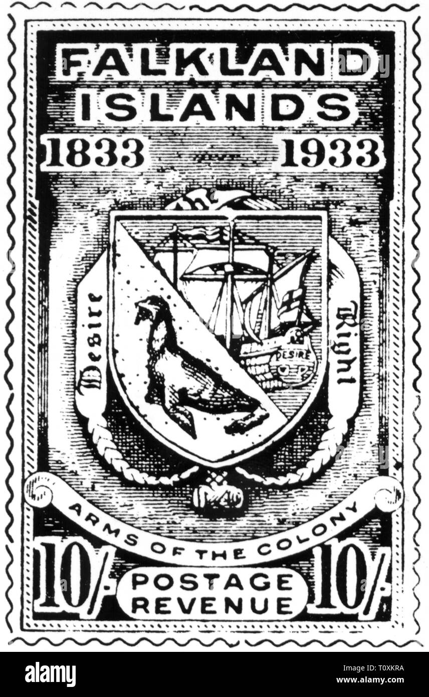 La poste, timbres, Îles Falkland, Shilling 10 timbre et le timbre fiscal, à l'occasion du 100e anniversaire en tant que colonie de la couronne, la date de délivrance : 2.1.1933, Additional-Rights Clearance-Info-Not-Available- Banque D'Images