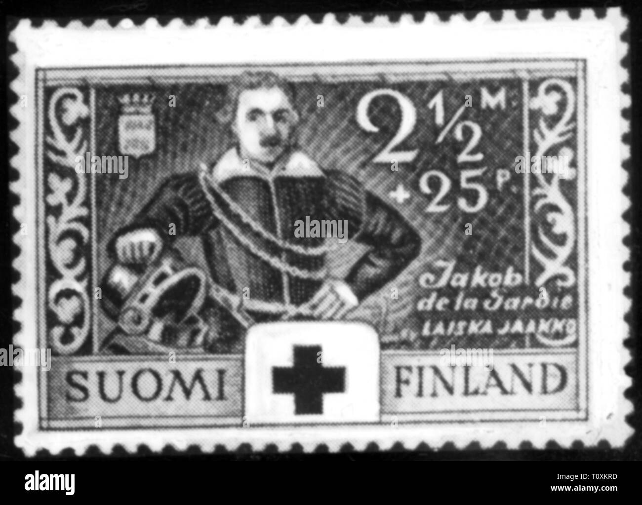 La poste, timbres, Finlande, 2 1/2 mark finlandais penniae 25  + numéro spécial, en faveur de de la Croix Rouge, héros de guerre finlandais série, Jakob de la Gardie, date de délivrance : 20.1.1934, Additional-Rights Clearance-Info-Not-Available- Banque D'Images