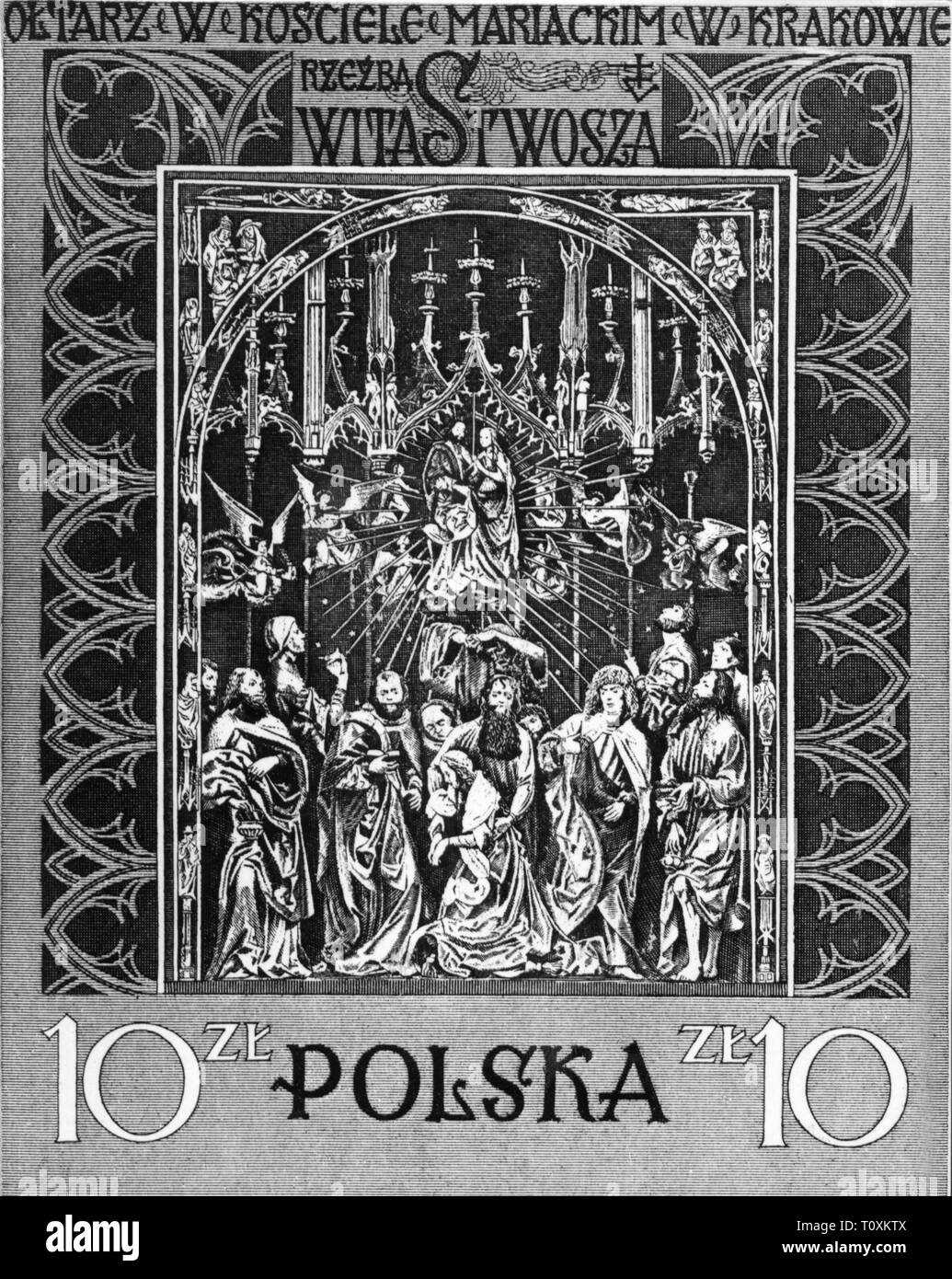 La poste, timbres, Pologne, 10 zloty numéro spécial, Cracovie-autel de Veit Stoss, Eglise St Mary, Cracovie, date de délivrance : 20.9.1960, Additional-Rights Clearance-Info-Not-Available- Banque D'Images