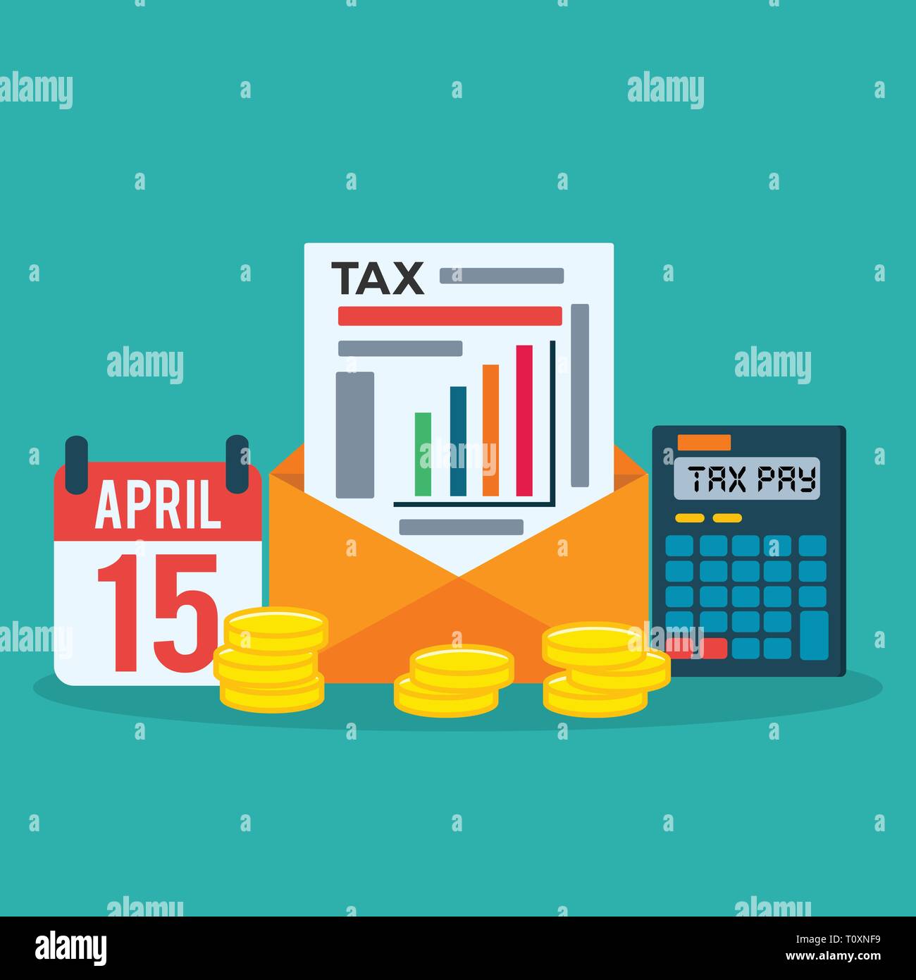 Calendrier, document fiscal calculatrice , pièce pour tax day concept vector illustration Illustration de Vecteur