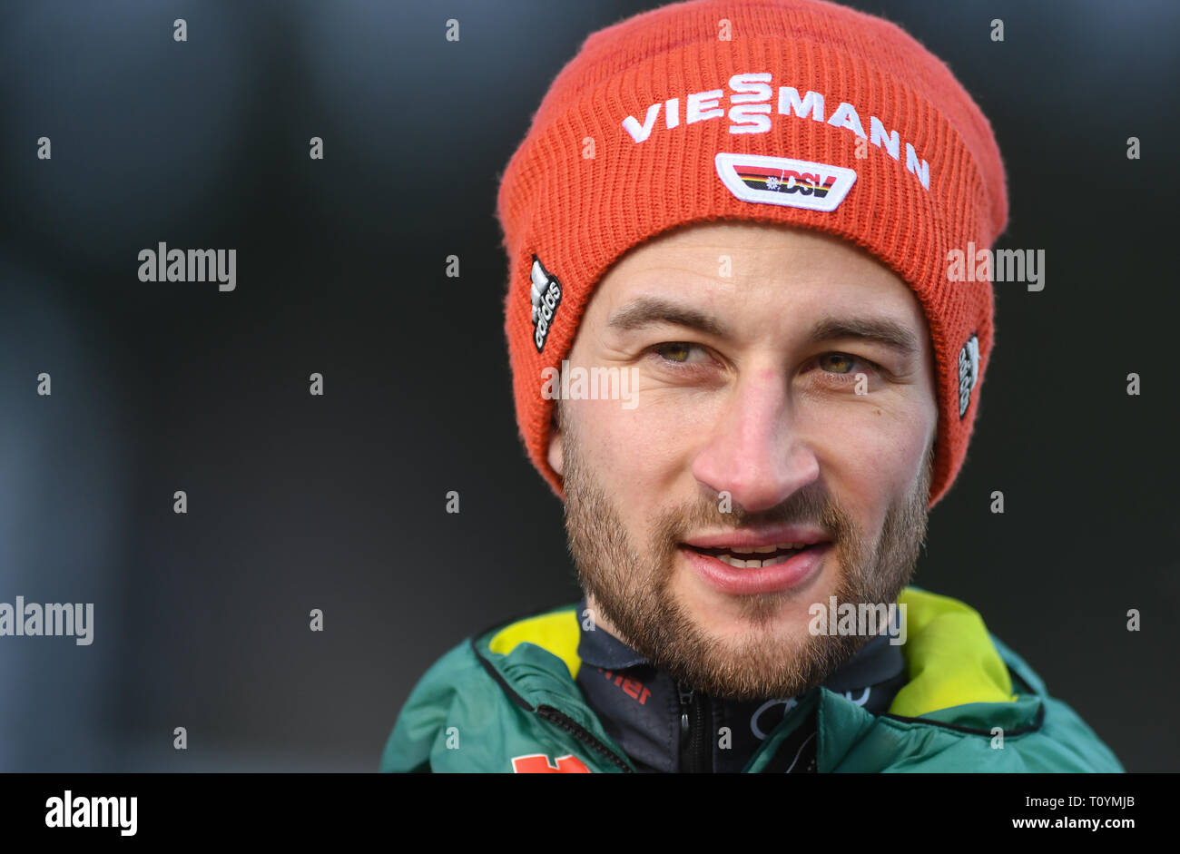 Markus Eisenbichler de l'Allemagne vu célébrer sa victoire lors de la Coupe du monde de saut à ski FIS Flying Hill dans la compétition individuelle de Planica. Banque D'Images