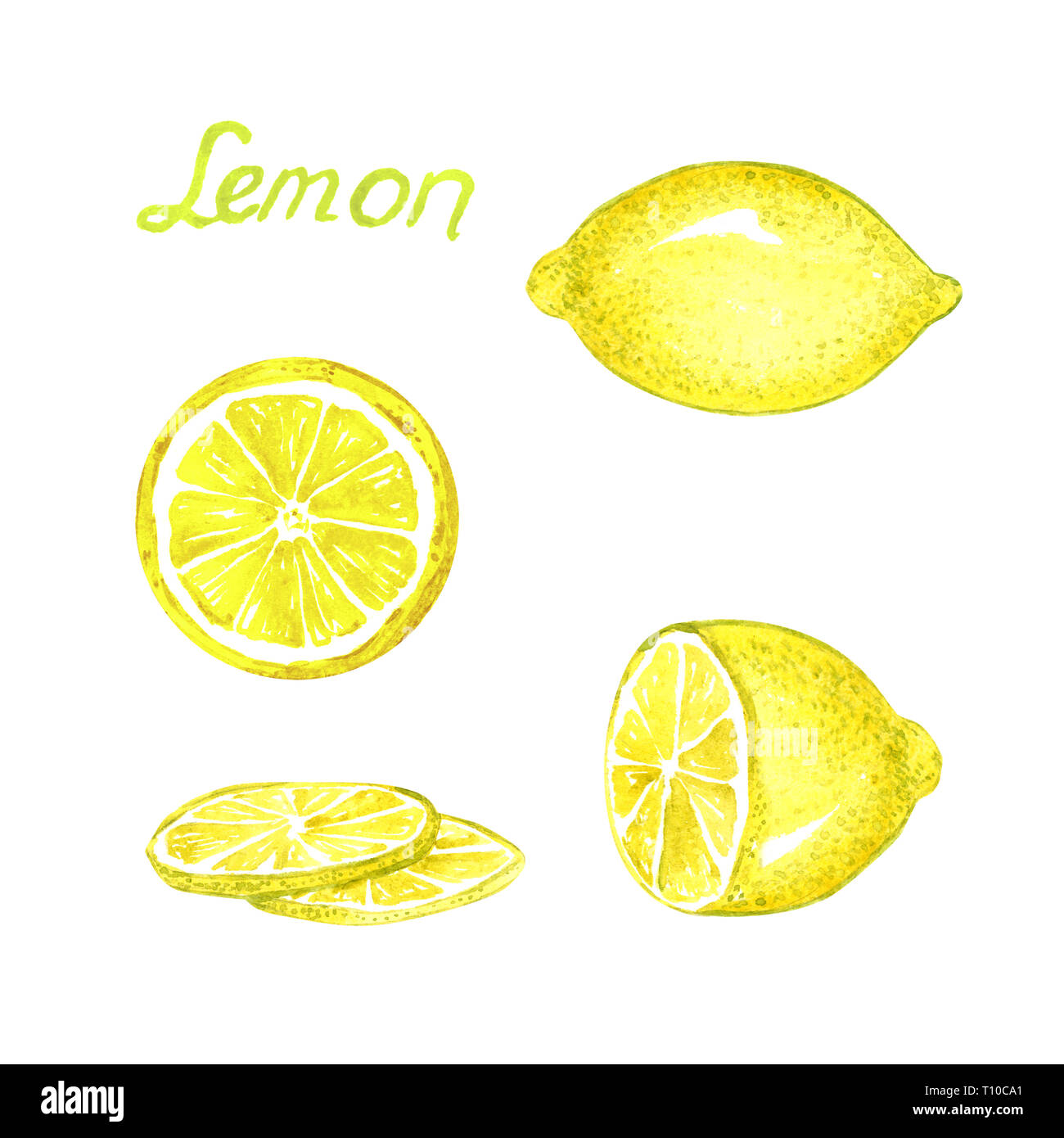 Les tranches de fruits et de citron, peinte à l'aquarelle illustration avec l'inscription isolé sur fond blanc Banque D'Images