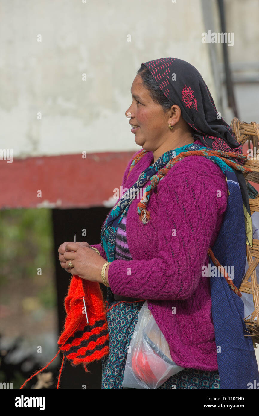 ​Woman vêtu d'un pull en laine tricoté cardigan et haut. Le tricot tout en s'en allant à parcelle et la récolte des légumes. L'hiver. Rudraprayag-Ukhimath. Le nord de l'Inde. Banque D'Images