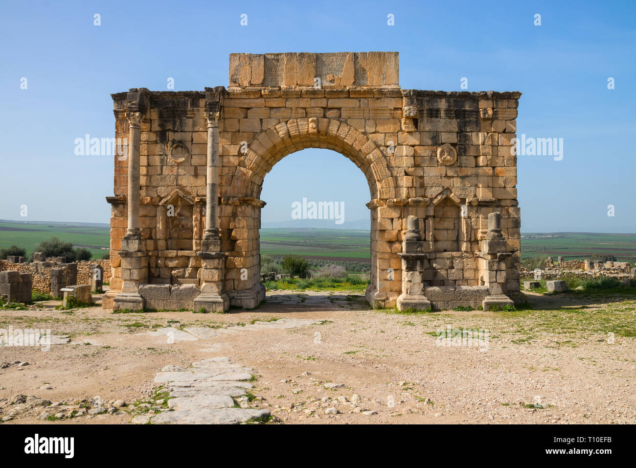 L'Arc de Caracalla (Arc de Triomphe) sur le site archéologique de Volubilis sous un ciel bleu, Fes-Meknes, Maroc. Banque D'Images
