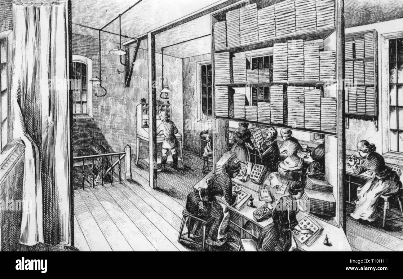Le commerce, les timbres-poste, timbres-store Louis Senf, Leipzig, gravure sur bois, 1879, copyright de l'artiste n'a pas à être effacée Banque D'Images