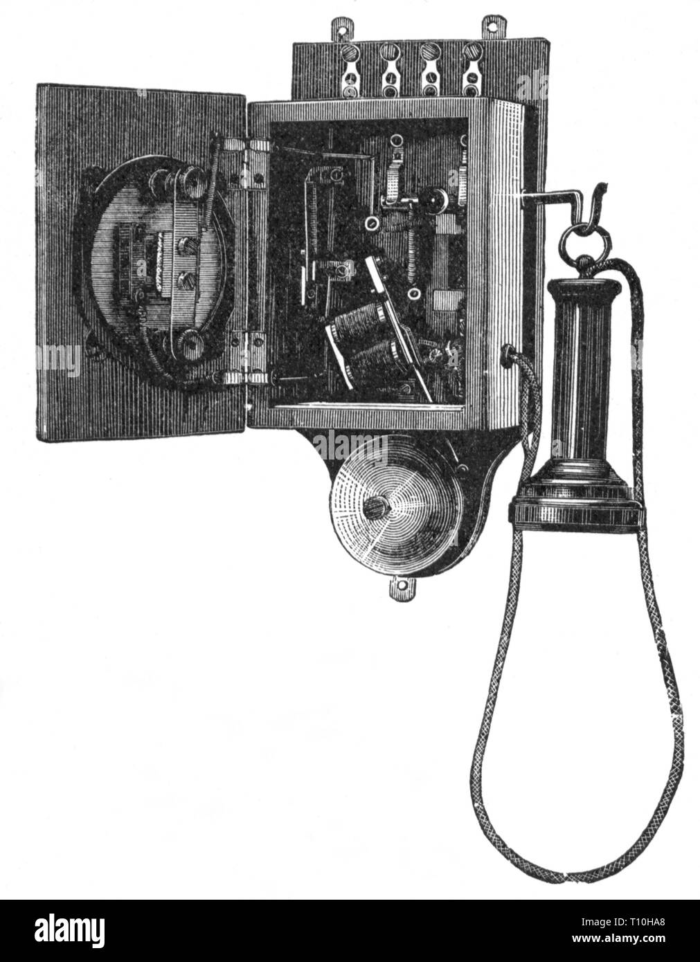 Courrier, téléphone, téléphone avec membrane verticale mikrophone, ouvert, gravure sur bois, de l'Allemagne, fin du 19e siècle, ouvert, téléphone, un téléphone fixe, Technics, télécommunications, télécommunications, Telecom, la communication, communication, transfert de l'information, , embout, microphone, les embouchures, microphones, récepteur, des récepteurs, de l'écouteur, écouteurs, fort, boîtes, acoustique membrane, mail, courrier, téléphone, téléphone, téléphones, téléphones mobiles, historique, historique, l'artiste n'a pas d'auteur pour être effacé Banque D'Images