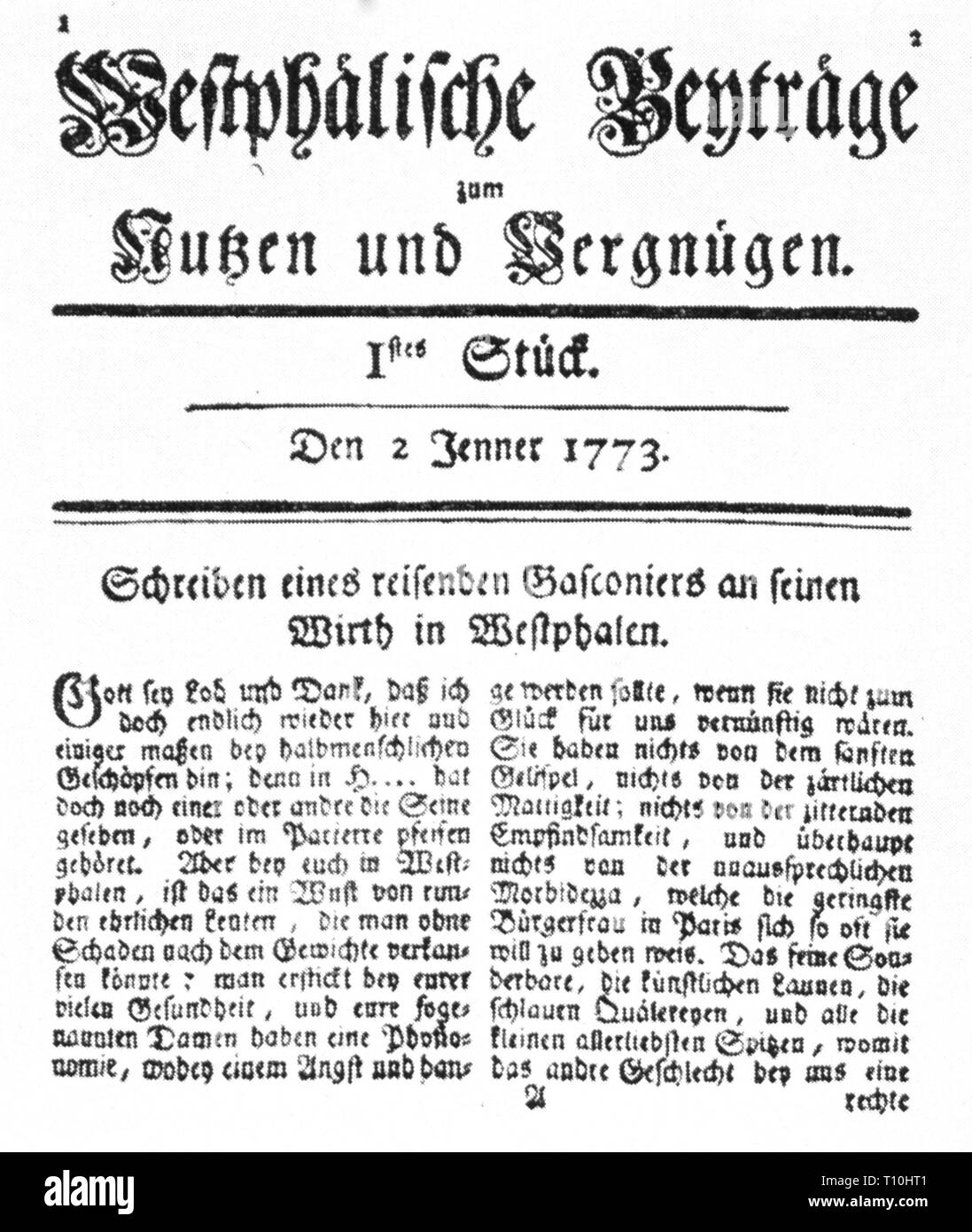 Presse/médias, magazines, 'Westphaelische Beytraege westphalien" (Contributions), éditeur : Justus Moeser (1720 - 1794), page de titre, 1er morceau, Osnabrück, 2.1.1773, l'artiste n'a pas d'auteur pour être effacé Banque D'Images