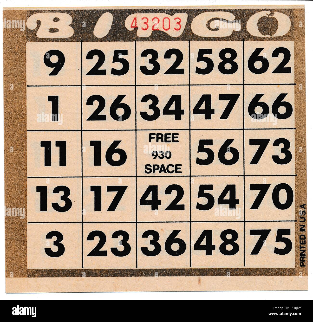 Vintage card pour le jeu Bingo, avec lecture de texte imprimé aux États-Unis et d'or bordure colorée, 1965. () Banque D'Images